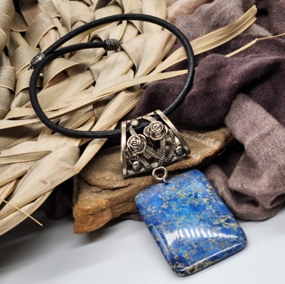 Artisan Leather Necklace Rhodium Silver Ocean Jasper Stone Designer Jewelry